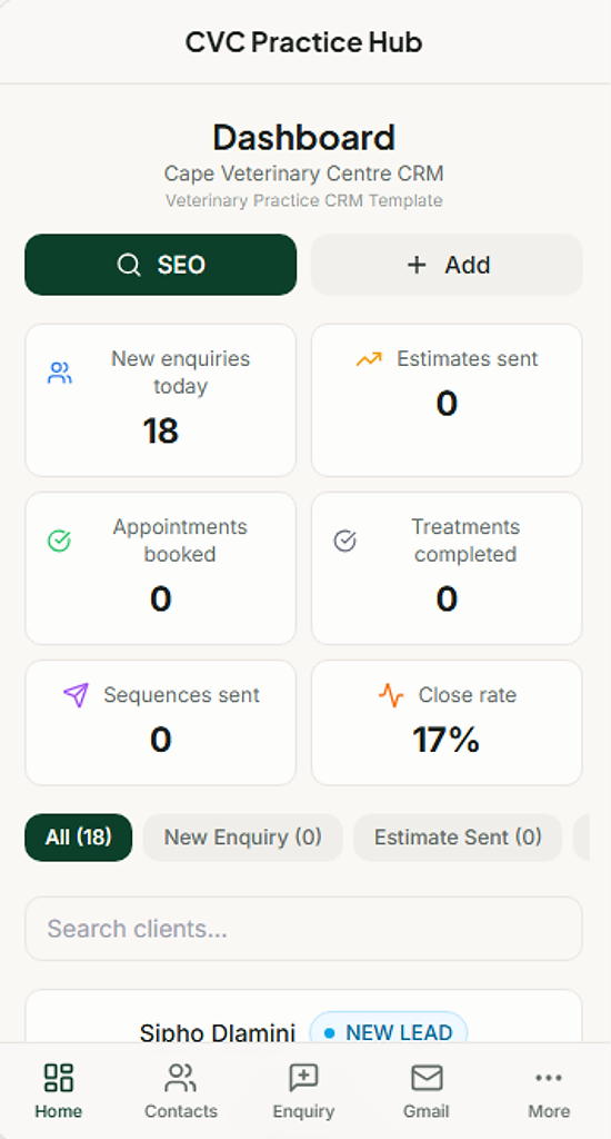 CVC Practice Hub — veterinary CRM mobile dashboard