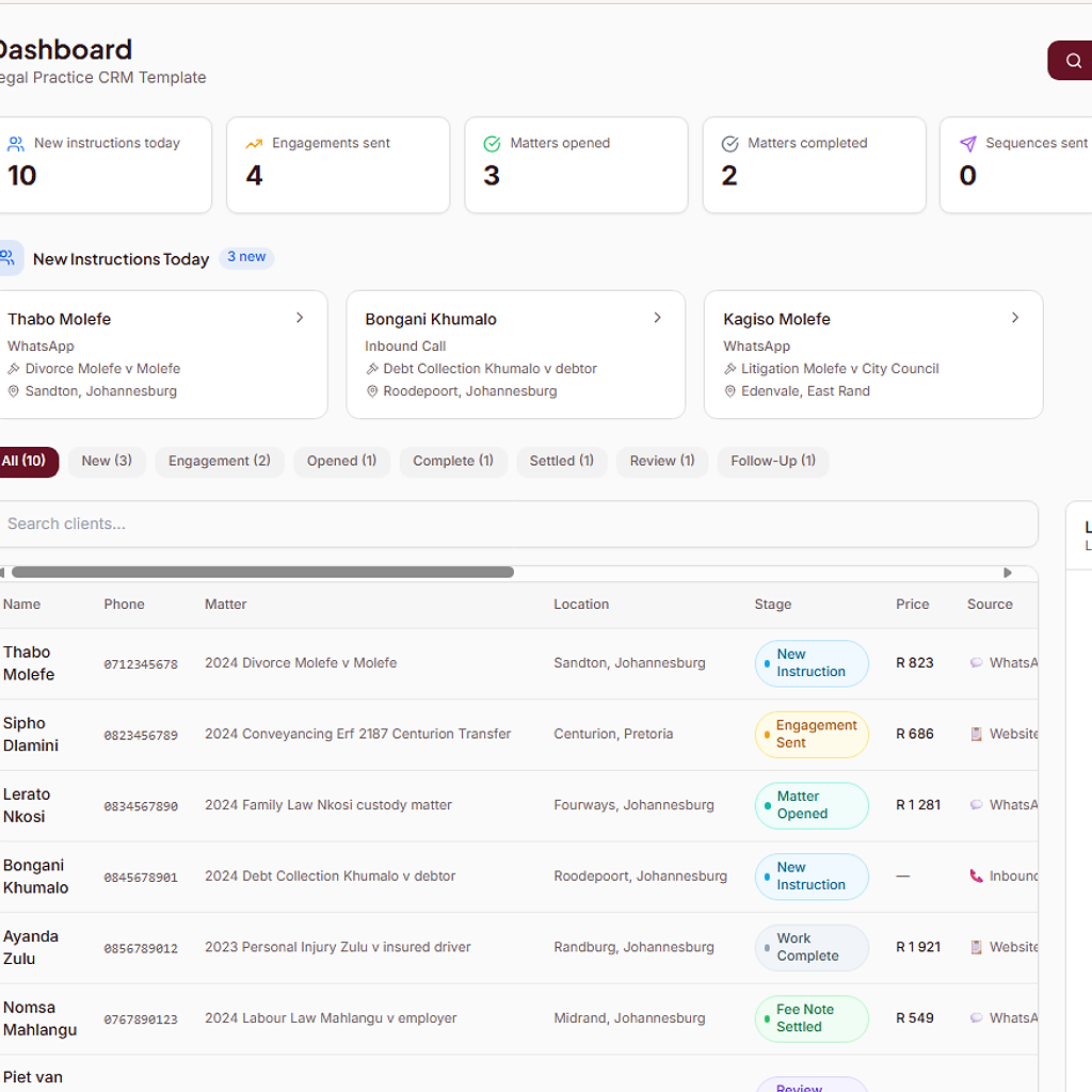 Legal Practice CRM — desktop dashboard