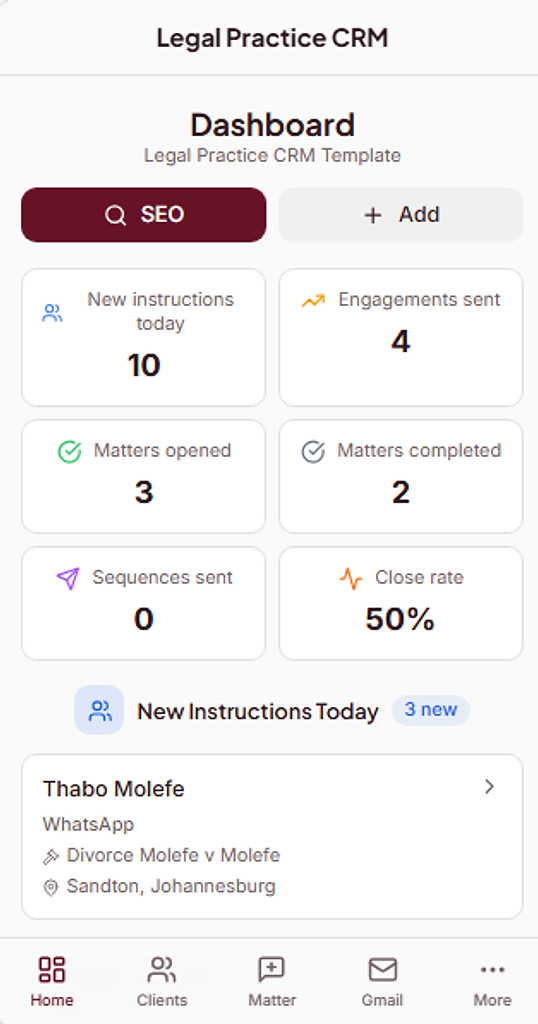 Legal Practice CRM — mobile dashboard