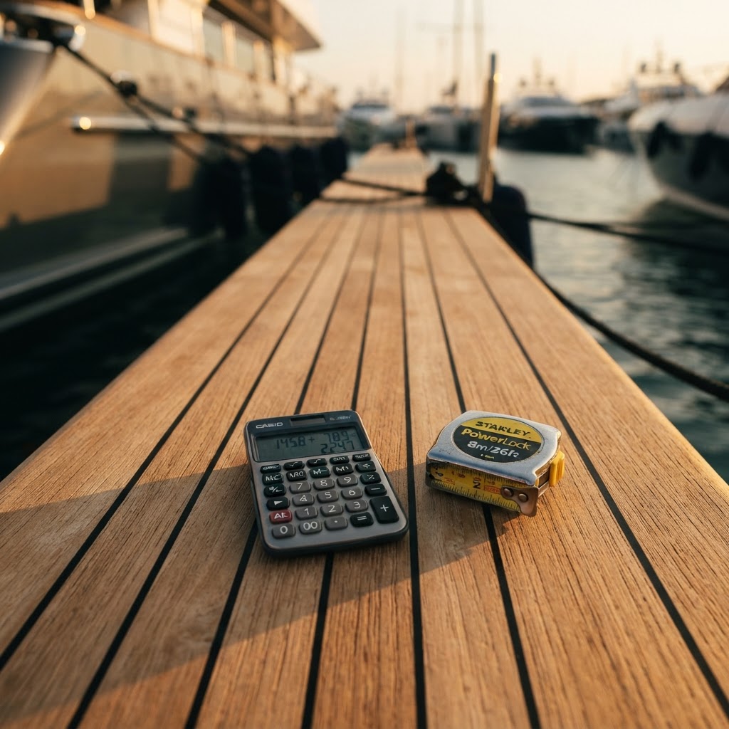 Calculator and tape measure resting on a yacht teak deck laid by Teak Techs in Fort Lauderdale