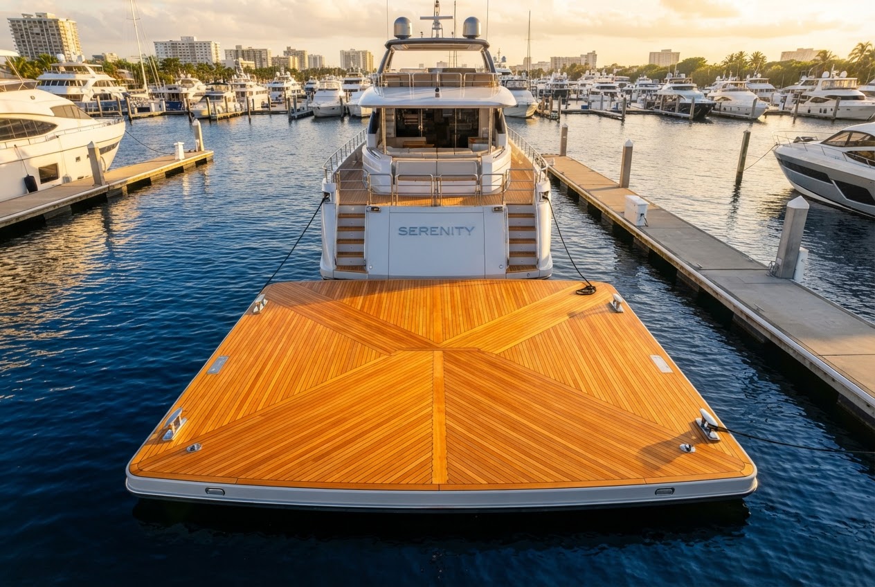 Custom teak steps and swim platform on a Fort Lauderdale yacht