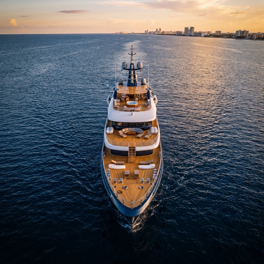 Aerial view of a superyacht with a freshly installed golden teak deck in Fort Lauderdale