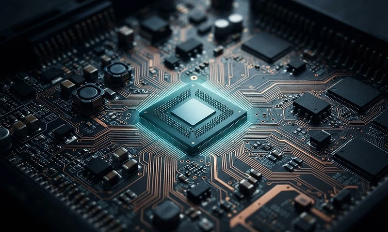 Automotive ECU processor glowing cyan