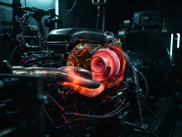 Turbo and exhaust manifold during dynamometer testing