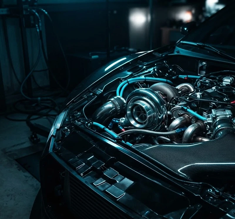 Turbocharged performance engine under cyan laboratory lighting