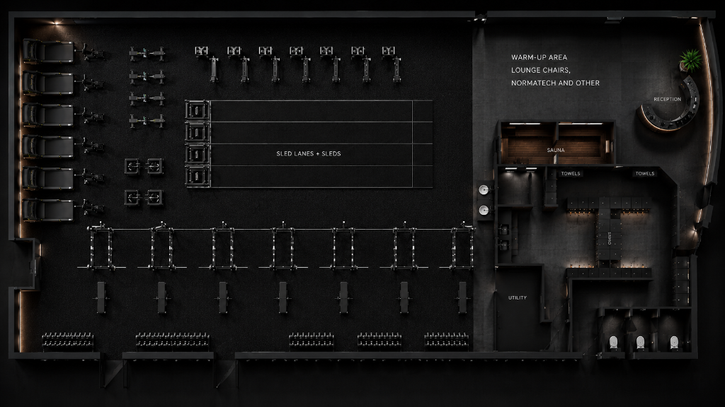 AION floor plan — strength rigs, sled lanes, engine side, sauna, and recovery zones from above