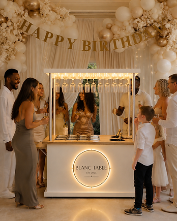 Blanc Table event cart styled for a birthday celebration