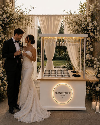 Blanc Table luxury event cart styled for a wedding toast