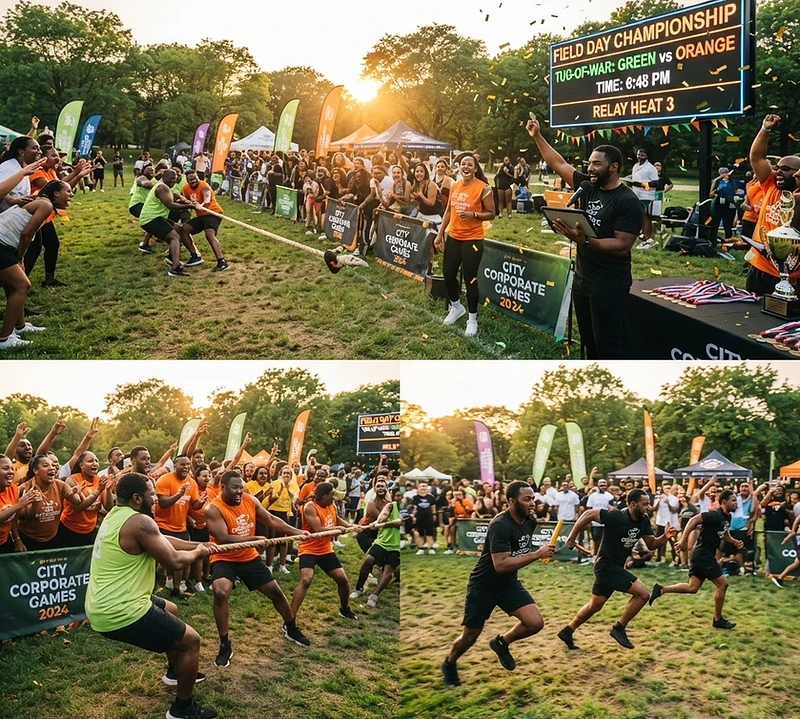 Adults competing at a field day