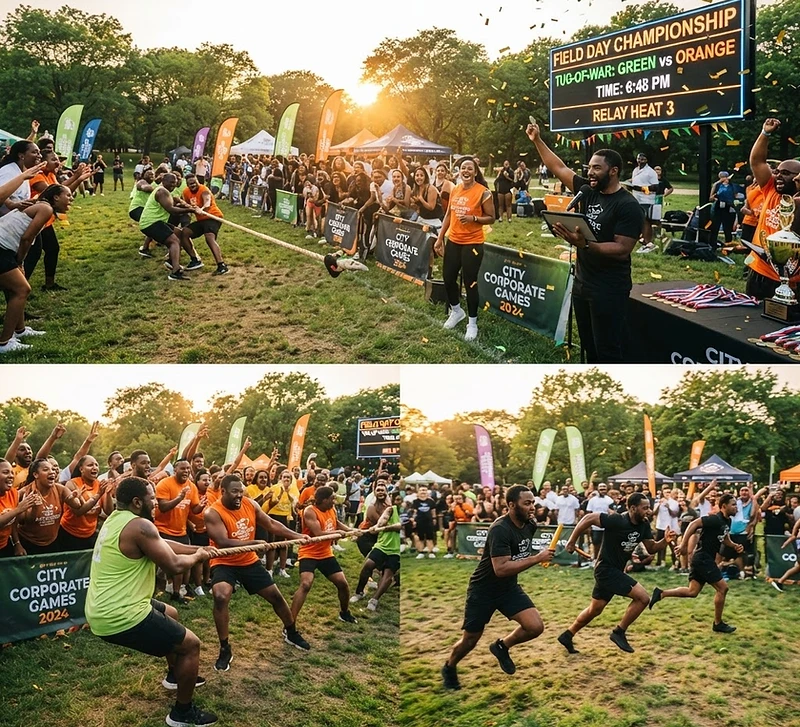 Adults competing at a field day