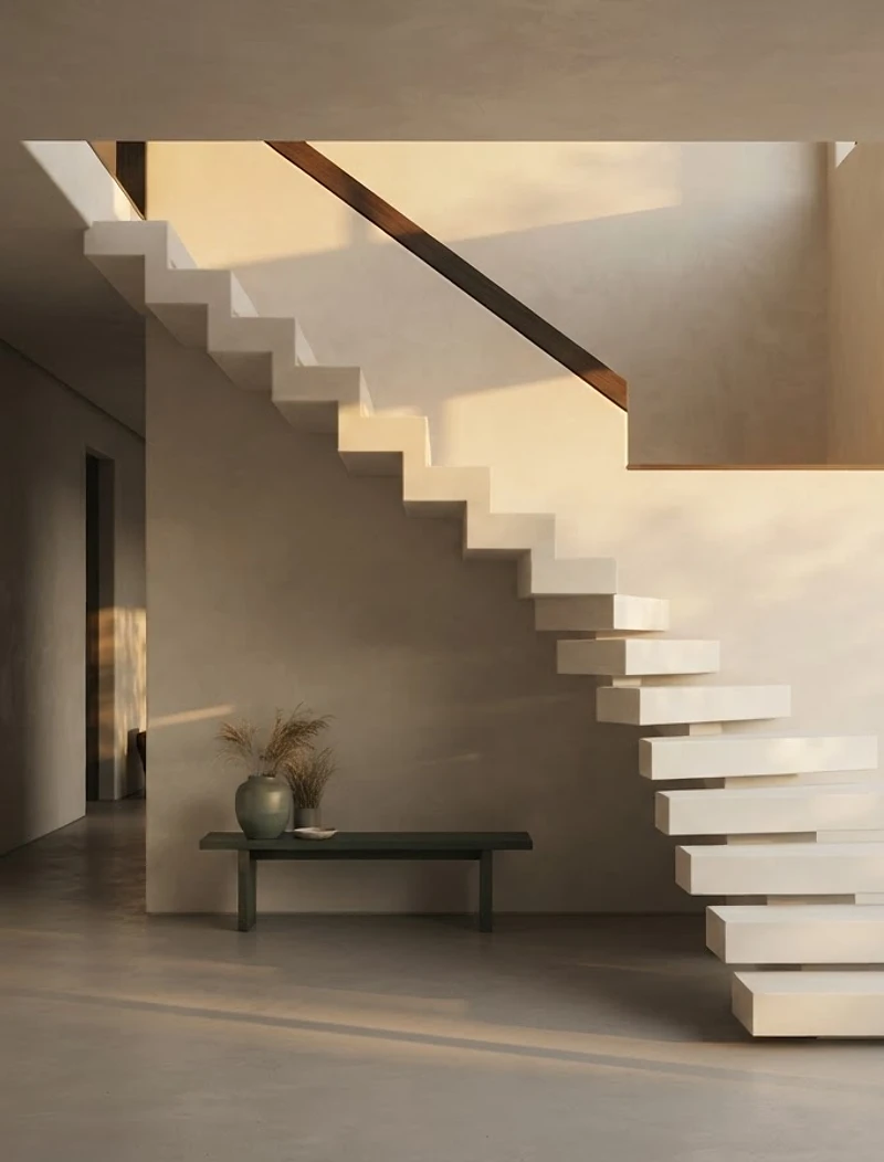 Minimalist floating staircase in warm alabaster