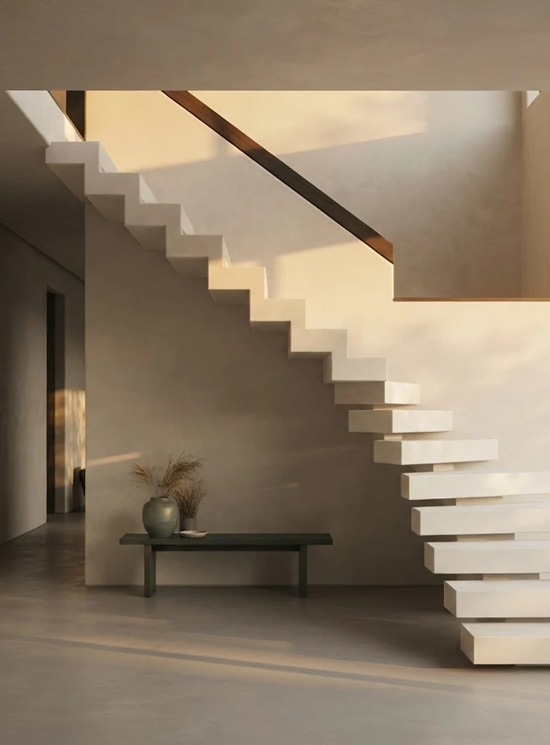 Minimalist floating staircase in warm alabaster