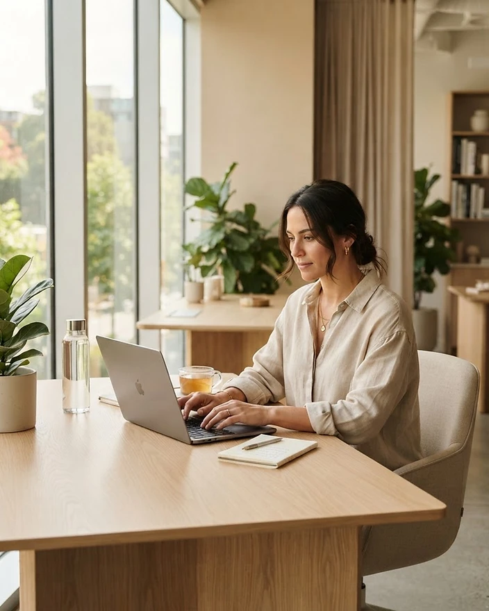 A professional working calmly at a sunlit, minimalist desk