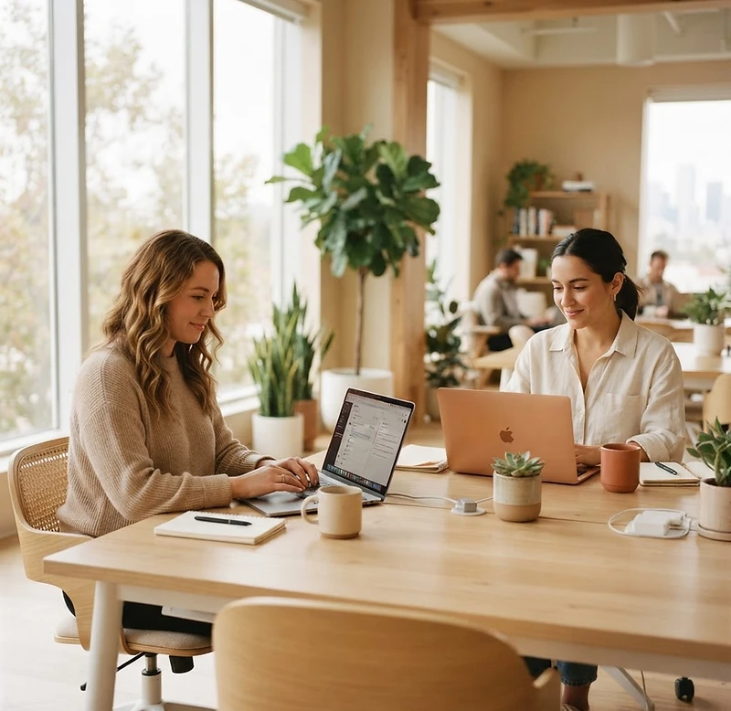 Deskaven assistants working together at a sunlit desk