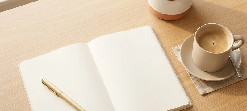 A calm, sunlit desk with a notebook and coffee