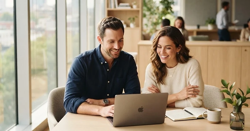 Rachel and Ace collaborating at a sunlit, minimalist desk