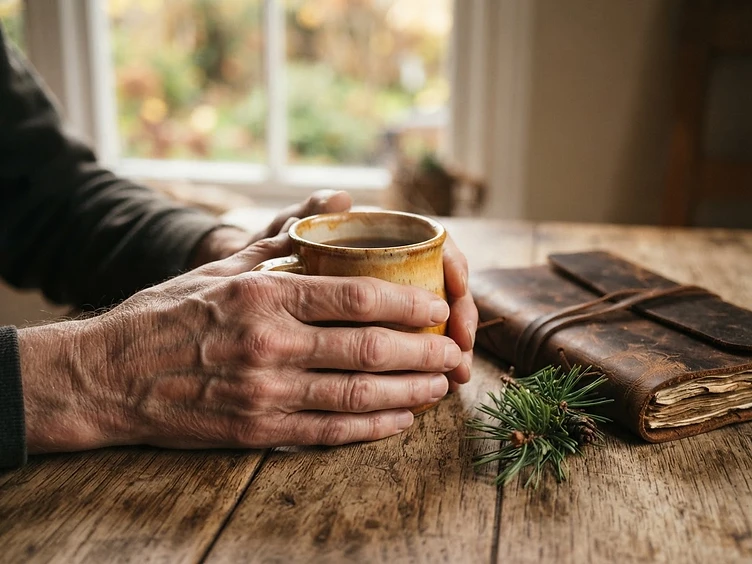 Warmth and comfort, hands around a ceramic mug