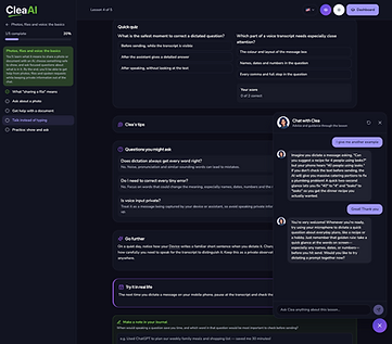 A CleaAI lesson page with Clea, the study buddy, answering the learner's question in the chat panel beside the lesson