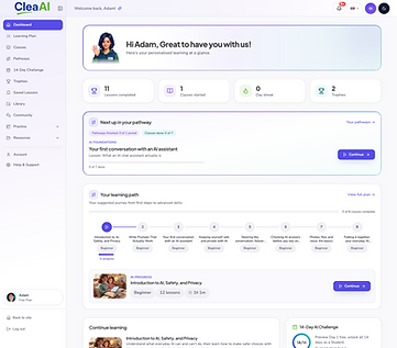 A CleaAI School dashboard: lessons completed, classes started, day streak and trophies, with the next lesson in your pathway ready to continue
