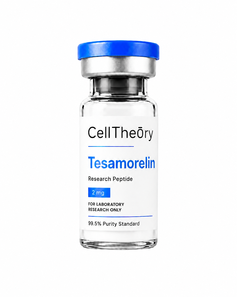 Tesamorelin 2mg lyophilized research vial — research peptide for endocrine research, HPLC-verified and supplied by CellTheory