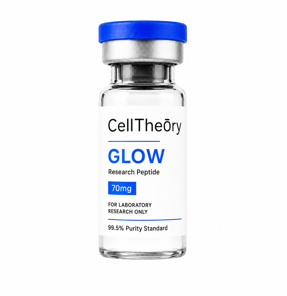 GLOW 70mg lyophilized research vial — research blend for dermatological research, HPLC-verified and supplied by CellTheory
