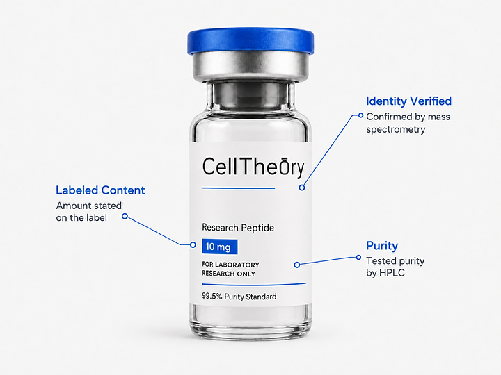 CellTheory vial with verification callouts: identity verified by mass spectrometry, labeled content, and HPLC-tested purity