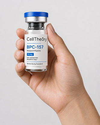 Hand holding a CellTheory research peptide vial