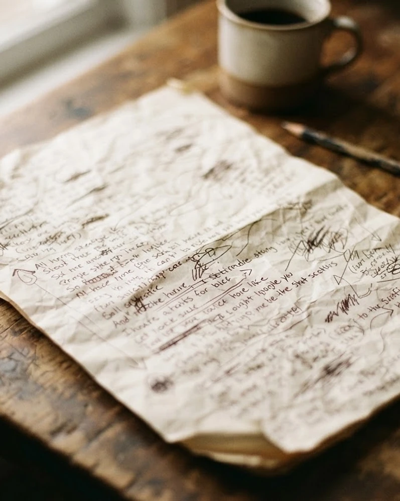 Handwritten lyrics on a wooden table