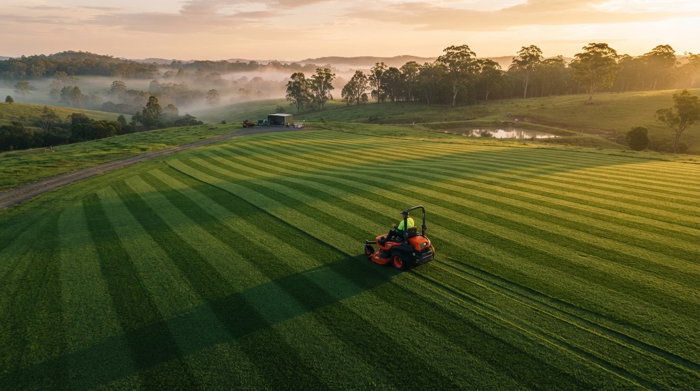 Ride-on mower creating perfect stripes on a Gympie acreage at sunrise