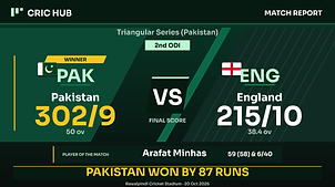 Pakistan vs England 2nd ODI result graphic with both country flags, gold winner highlight on Pakistan, scores 302/9 and 215/10, and a Player of the Match strip for Arafat Minhas
