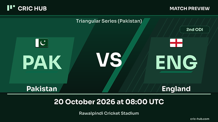 Pakistan vs England ODI tri-series preview graphic with both country flags, Rawalpindi Cricket Stadium, 20 October 2026