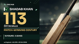 Shadab Khan unbeaten 113 against England in Pakistan's dramatic one-wicket victory in the 4th ODI 2026