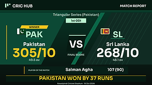 Pakistan vs Sri Lanka 1st ODI result graphic with country flags, gold winner highlight on Pakistan, scores 305 and 268, and a Player of the Match strip for Salman Agha