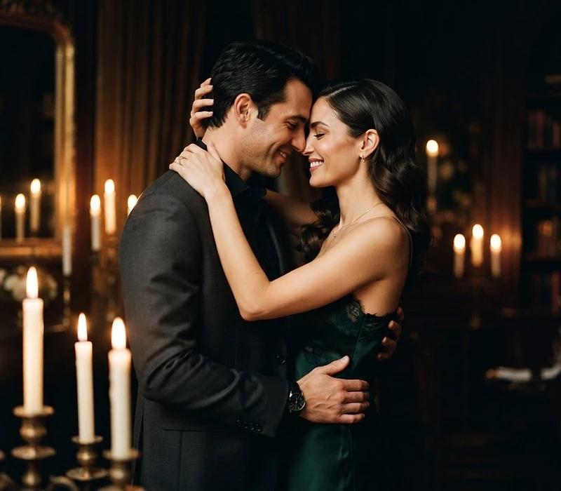A couple sharing an intimate, tender embrace in warm candlelight