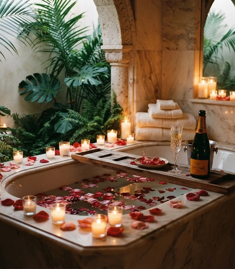 Candlelit luxury bath with rose petals