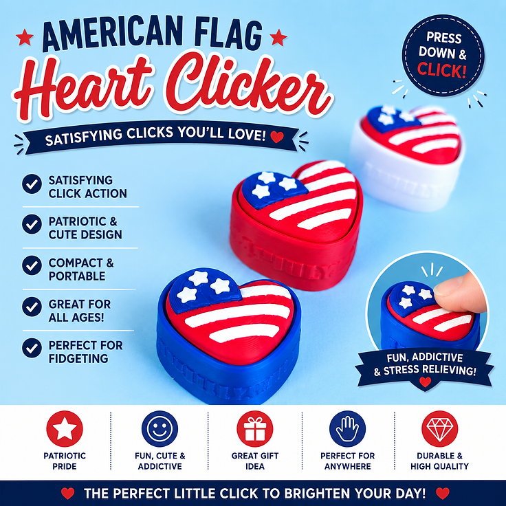Custom 3D printed American Flag Heart Clicker — handmade PLA toys & games by Little Joy 3D Co.