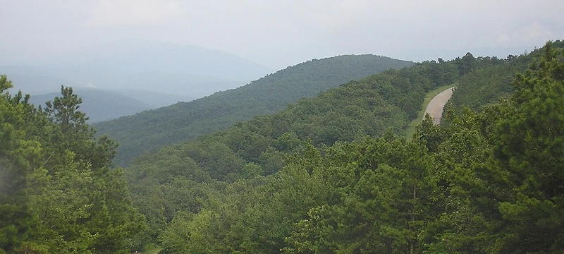 Talimena State Park — winding mountain road through Ouachita Mountains with fall foliage