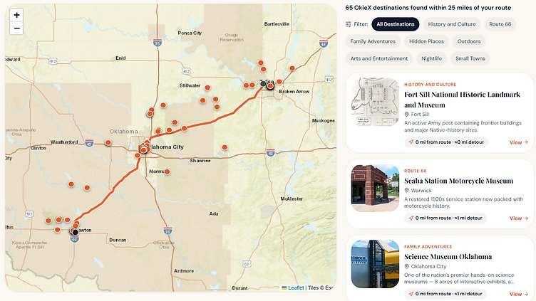 OkieX route planner showing a map of a Tulsa to Lawton drive with OkieX destinations listed alongside