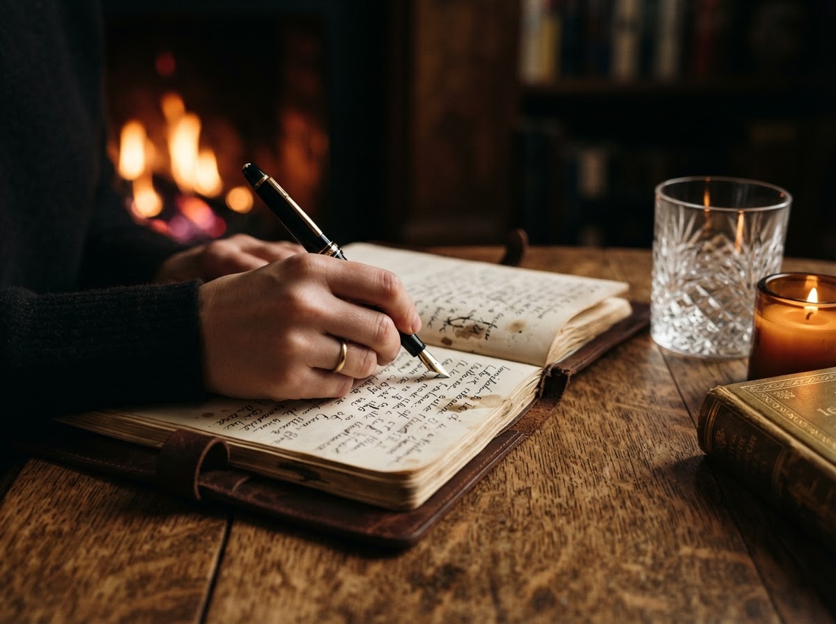 A hand writing strategic notes in a leather journal by warm firelight