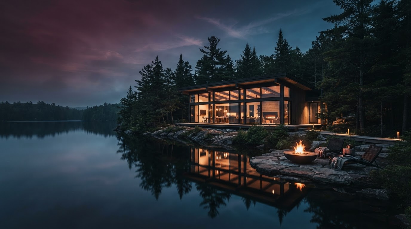 A luxury lakeside retreat at dusk