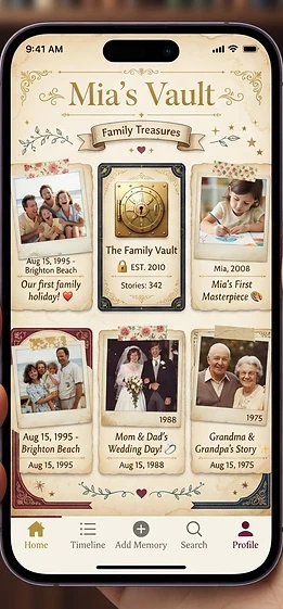 Infinity Vault dashboard showing memory cards and albums