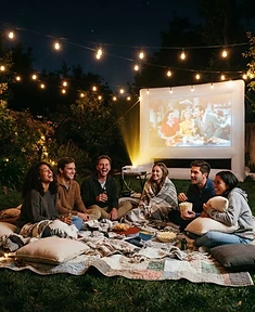 Friends watching a movie on a backyard screen at night