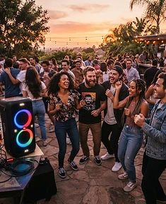 Friends dancing at a party with a glowing speaker