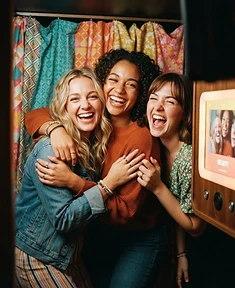 Friends laughing together at a photo booth