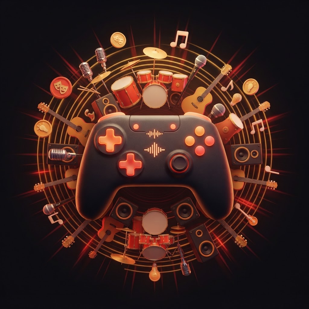 Game controller surrounded by musical instruments and sound waves