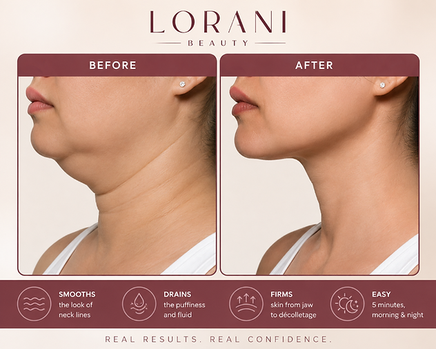 Lorani before and after — before shows visible neck lines and fullness, after shows a smoother firmer neckline with drainage, firming and smoothing benefits