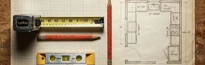 Top-down view of cabinetry measurement tools on drafting paper