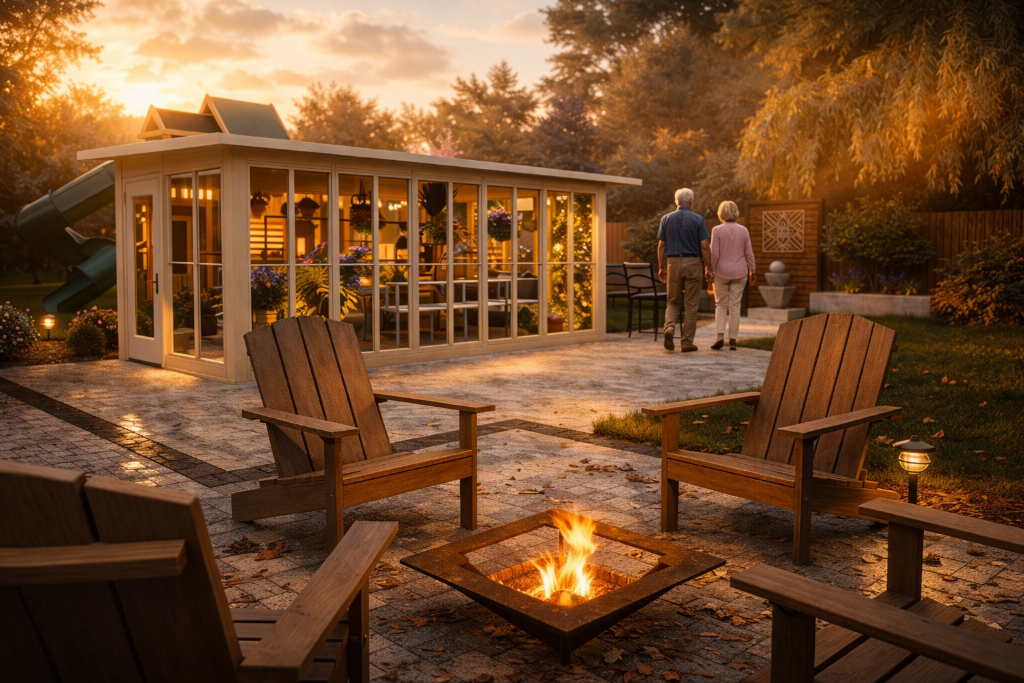 Backyard patio at sunset with a stone fire pit and Adirondack chairs beside a glowing sunroom