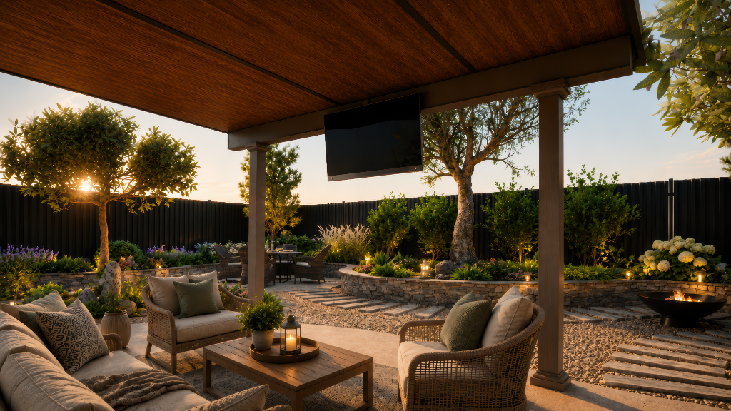 Covered patio at sunset with a slatted pergola ceiling, mounted TV, outdoor sofa and wicker armchair, a lit lantern on a coffee table, and a glowing fire pit in a landscaped garden