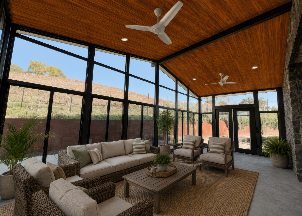 Luxury cathedral sunroom interior with vaulted wood ceiling, black-framed glass walls, and a seating area overlooking vineyard hills
